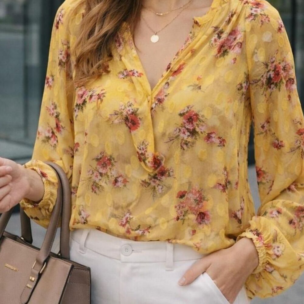Yellow Floral Chiffon Blouse – RoomMates (Size L) cottagecore, boho hippie